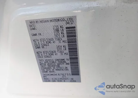 2017 Nissan Pathfinder Platinum from USA, damaged, VIN 5N1DR2MN2HC676755